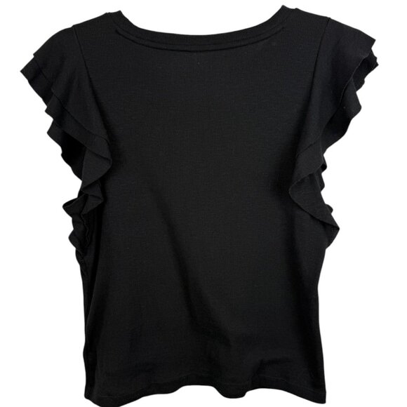 GAP Black Stretchy Ribbed Casual T-Shirt with Ruffle Sleeves - Small - Picture 2 of 4